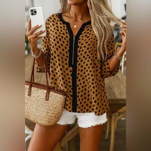 Calvin Klein Leopard Print Zip Front Blouse – Chic Animal Print 3/4 Sleeve Top